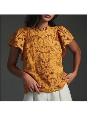 Anthropologie Lainie High Neck Cutwork Blouse Top Yellow S short sleeve